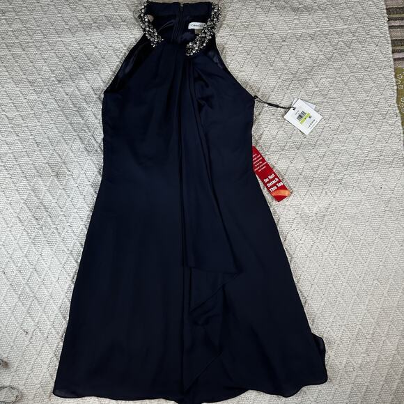Calvin Klein Women's Navy Blue Halter Dress Size 4 Beaded Neck Cocktail NWT - Picture 1 of 8